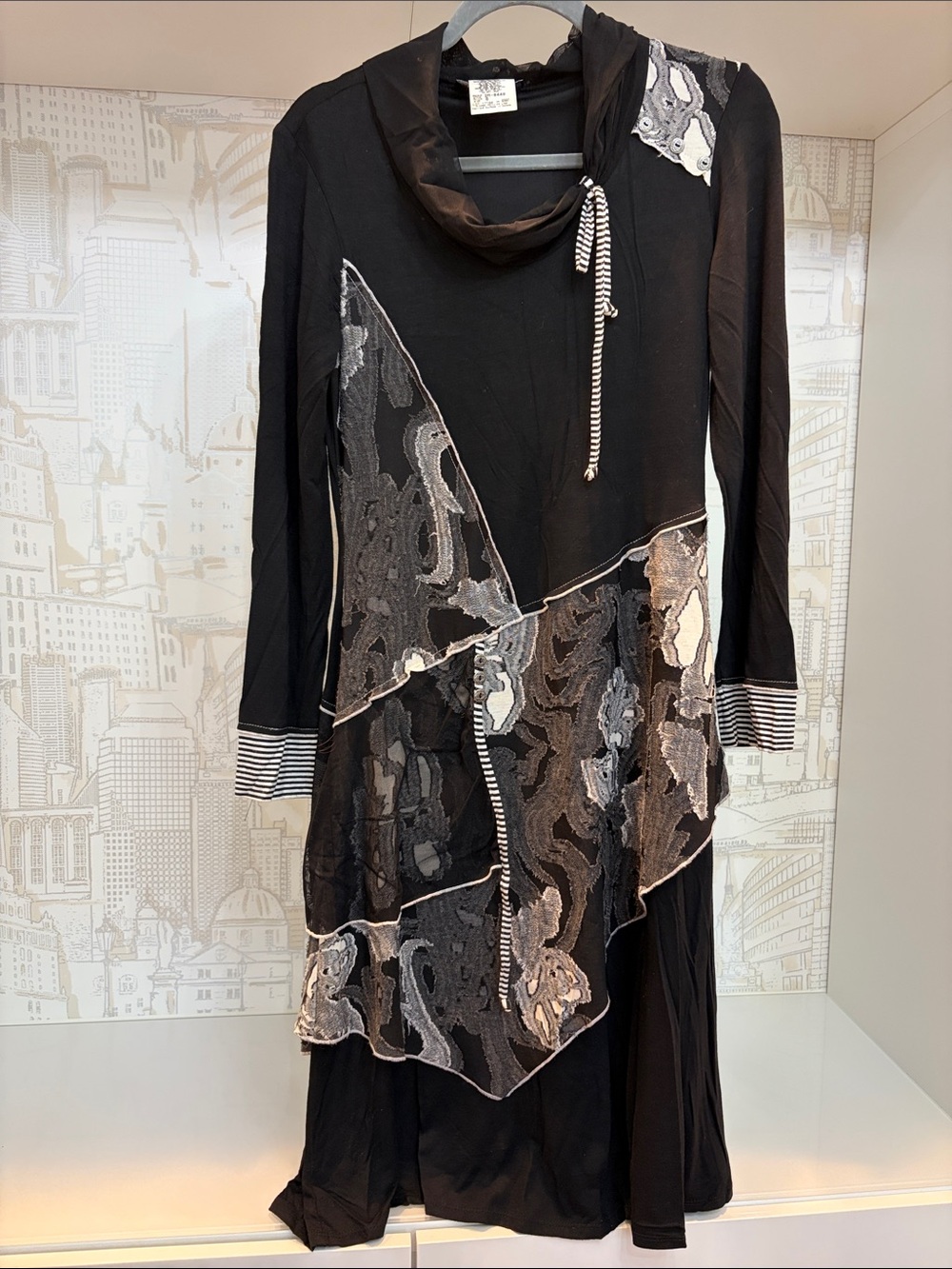 Simon Chang Midi Black Dress with Gray Patterned Panels and Striped Accents